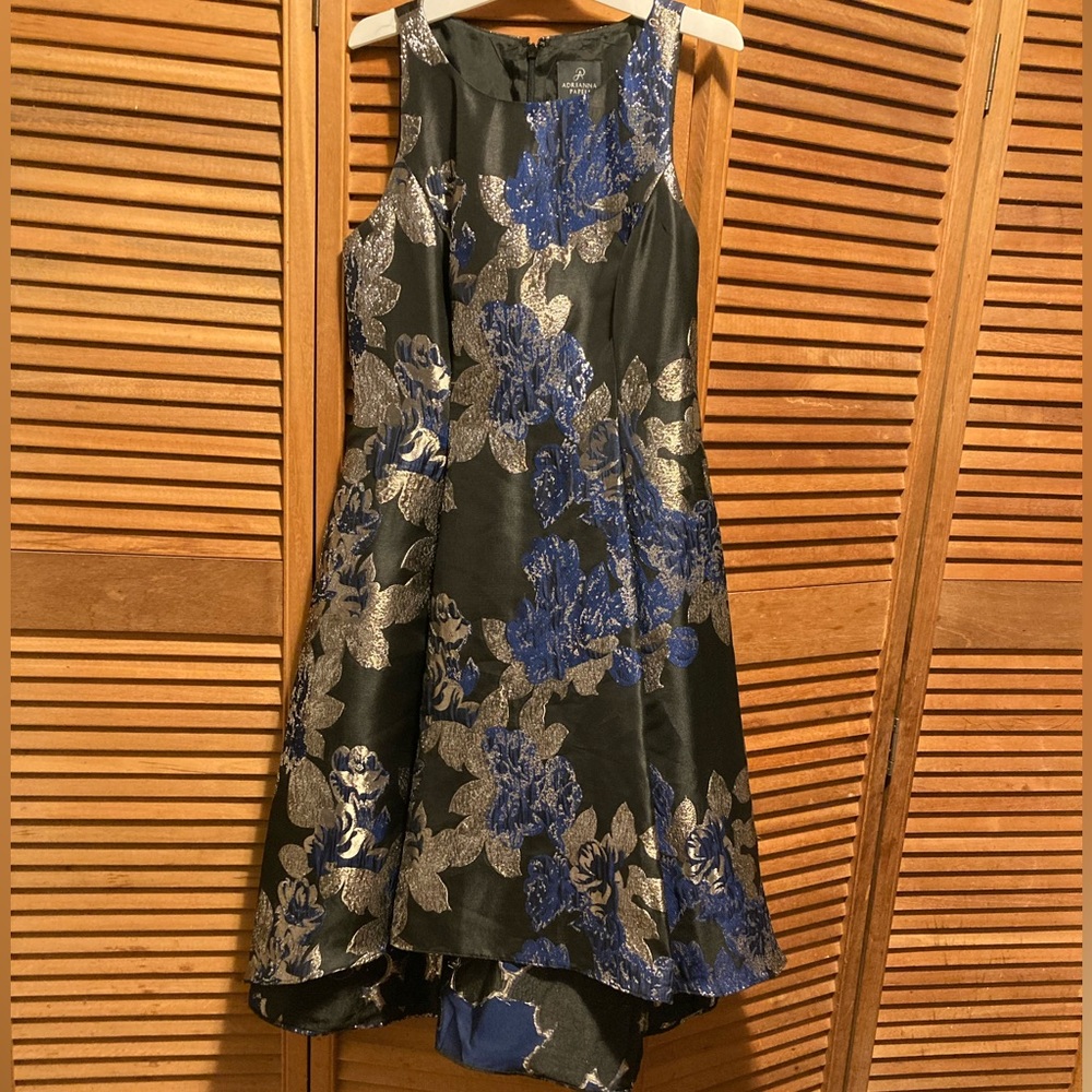 Adrianna Papell Navy Blue, Royal Blue and Silver Metallic Woven Jacquard Fabric